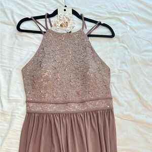 Morgan & Co  Brown Elegant Sequin Halter Maxi Dress in Mauve